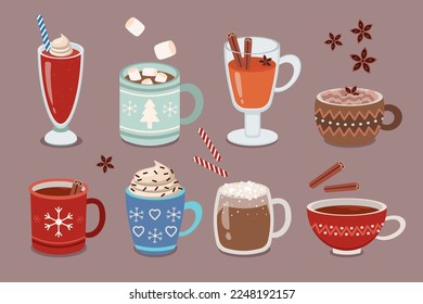 Hot drinks for winter holidays vector illustrations set. Collection of cartoon drawings of hot chocolate or coffee in cups or mugs isolated on grey background. Christmas, winter, beverage concept