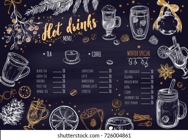 Hot drinks Winter Menu. Design template includes different hand drawn illustrations and Brushpen Lettering. Beverages, drinks and christmas elements. Mulled wine, Hot chocolate, Latte, Tea, Grog etc.