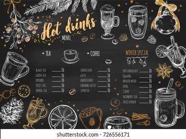 Hot Drinks Winter Menu. Design Template Includes Different Hand Drawn Illustrations And Brushpen Lettering. Beverages, Drinks And Christmas Elements. Mulled Wine, Hot Chocolate, Latte, Tea, Grog Etc.
