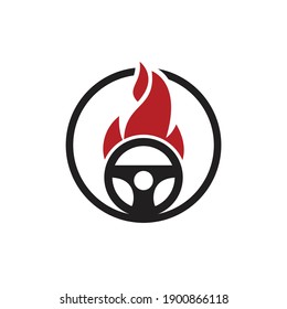 Hot driver logo vector design template. Car steering wheel burning fire logo icon vector illustration design.	