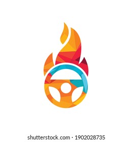Hot driver logo vector design template. Car steering wheel burning fire logo icon vector illustration design.	