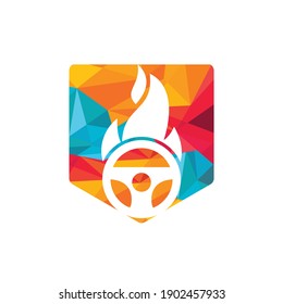 Hot driver logo vector design template. Car steering wheel burning fire logo icon vector illustration design.	