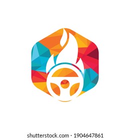 Hot driver logo vector design template. Car steering wheel burning fire logo icon vector illustration design.	