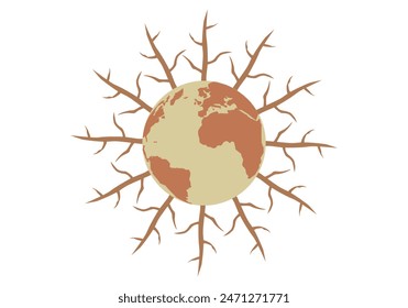 Hot and dry planet surrounded by dry trees representing drought and climate change