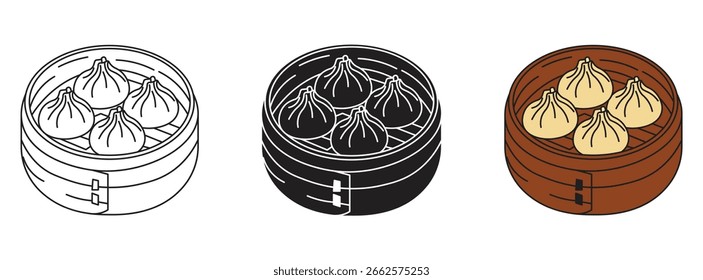 Hot dumplings, one dumpling in bamboo basket. Steamed bun vector illustration.
