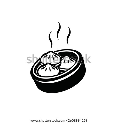 Hot dumplings, one dumpling in bamboo basket. Steamed bun vector illustration. momos silhouette icon. Baozi or bao - Chinese steamed bun silhouette vector. Dim Sum silhouette