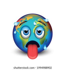 Hot Earth Emoji, Sweating emoticon feeling heat - vector illustration