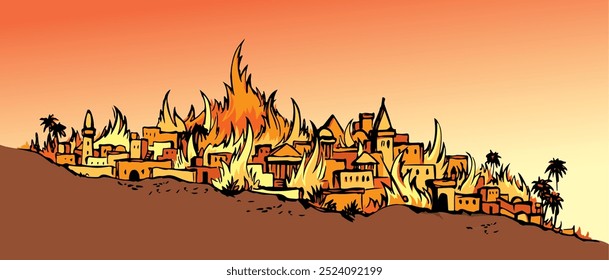 Hot east arab night light bonfire ash kill tree forest plant garden park death life die god punish story. Hand draw past retro age evil heat alarm dead human fear end art sketch scene symbol