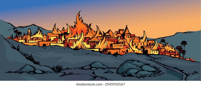 Hot east arab night light bonfire ash kill tree forest plant garden park death life die god punish story. Hand draw past retro age evil heat alarm dead human fear end art sketch scene symbol
