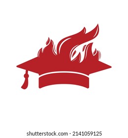 Diseño del logotipo del vector de educación en caliente. Tapas de graduación con diseño vectorial de icono de fuego.	