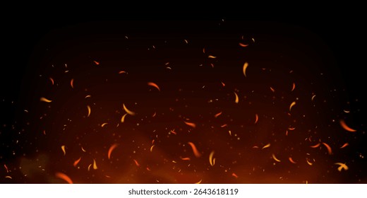Hot embers and flying fire sparks rise in dark smoky background. Glowing particles and red flames evoke heat and power. Perfect for grill, bonfire or fireplace themes. Realistic vector illustration.