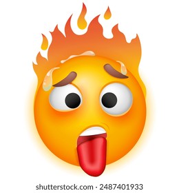 Hot emoji with flame. Overheated sweating emoticon with tongue.  Vector emoji on white background. Yellow face. Cute emoticon