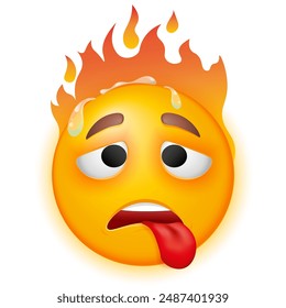 Hot emoji with flame. Overheated sweating emoticon with tongue.  Vector emoji on white background. Yellow face. Cute emoticon