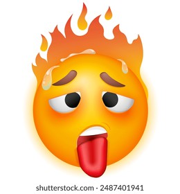 Hot emoji with flame. Overheated sweating emoticon with tongue out.  Vector emoji on white background. Yellow face. Cute emoticon