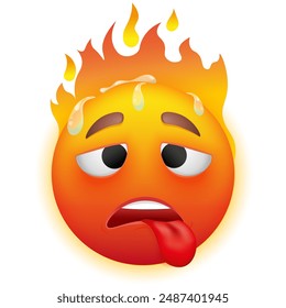 Hot emoji with flame. Overheated sweating emoticon with tongue.  Vector emoji on white background. Red face. Cute emoticon