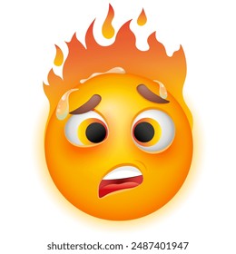 Hot emoji with flame. Overheated sweating emoticon.  Vector emoji on white background. Yellow face. Cute emoticon