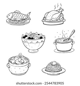 Hot entrees, turkey, baked fish with lemon, soup, pasta, Greek salad and pot roast potatoes with mushrooms. Set of vector sketches in line art style