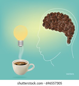 Hot espresso coffee cup with floating smoke. light bulbs on top.coffee beans in Brain shape.and line art head. Ready to serve you when break from the stressful job.vector illustration concept