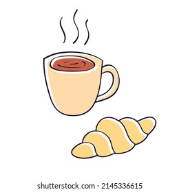 Hot espresso coffee cup or tea and croissant isolated vector illustration