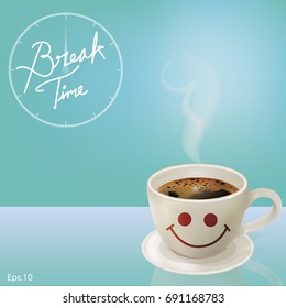 Hot espresso coffee with floating smoke. In a white cup painting Smile placed on a plate. The background is pastel blue. Ready to serve you when break from the stressful job.vector illustration