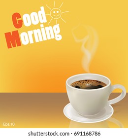 Hot espresso coffee with floating smoke. In a white cup placed on a plate. The background is warm orange. Ready to serve you in the morning after waking up.vector illustration
