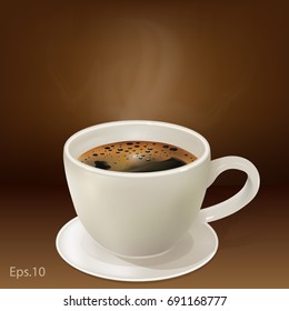  Hot espresso coffee Located in a white cup, placed on a saucer.vector illustration