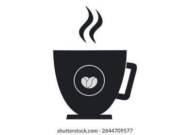 Hot espresso coffee in a white mug with steam, perfect for a cozy breakfast cafe icon or symbol
