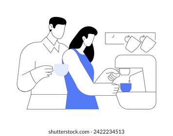 Hot espresso isolated cartoon vector illustrations. Young happy couple making espresso with coffee machine, morning rituals, home kitchen appliances, romantic relationship vector cartoon.