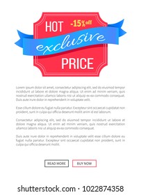 Hot exclusive price 15% off discount label on poster with place for text and web buttons read more and buy now vector illustration promo banner on white