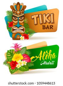 Hot and exotic tropics. Banners set with tiki mask and tropical plants and flowers. Vector illustration. Isolated on white background.