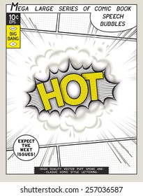 Hot. Explosion in comic style with lettering and realistic puffs smoke. 3D pop art speech bubble. Vector graphics CMYK