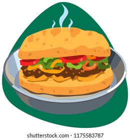 Hot fajita sandwich with bread rolls, salad, tomatoes, onion, and meat in metal dish