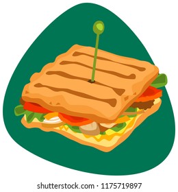 Hot Fajita sandwich with grilled sliced bread, salad, tomatoes, onion, and chicken meat on green background