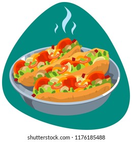 Hot Fajita sandwiches with salad, tomatoes, onion, and chicken meat in dish on green background