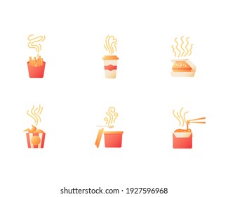 Hot fast food take out vector flat color icon set. French fries. Steaming coffee. Burger, chicken wings. Meal delivery. Cartoon style clip art for mobile app pack. Isolated RGB illustration bundle