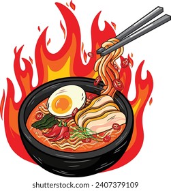 Hot fiery ramen with egg, charsiu, nori, chilli, with fire effect.