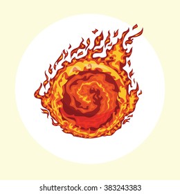 Hot fire ball on the speed in flame isolated on a white circle. Vector illustration.