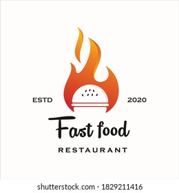 Fuego en caliente con hamburguesa en espacio negativo ilustración de logotipo vintage plantilla de diseño clásico