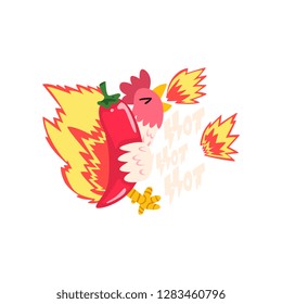 Hot fire chicken with red chilli pepper, creative logo design template vector Illustratio