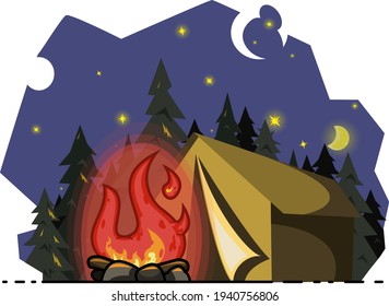 hot fire in a clearing under a bottomless starry sky near the tent