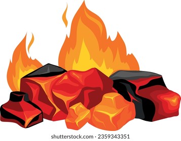 Hot fire flame cartoon fireplace burning charcoal pieces isolated on white background