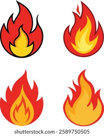 Hot fire flame icon clipart set. campfire and bonfire flames symbols pack . Set of bright burning flame and bonfire icons and logo design elements. Collection of simple fire warning signs .