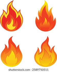 Hot fire flame icon clipart set. campfire and bonfire flames symbols pack . Set of bright burning flame and bonfire icons and logo design elements. Collection of simple fire warning signs .