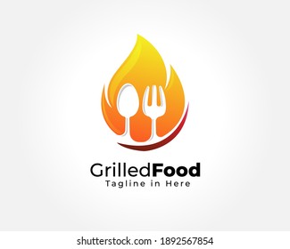 hot fire Grilled food, BBQ restaurant logo template inspiration