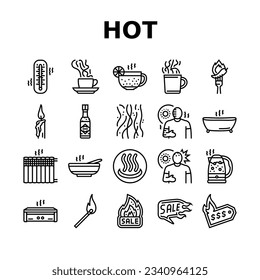 hot fire lable flame tag icons set vector. red sale, price offer, heat promotion, text clearance, discount business, modern hot fire lable flame tag black contour illustrations