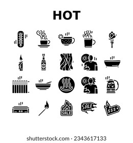 hot fire lable flame tag icons set vector. red sale, price offer, heat promotion, text clearance, discount business, modern hot fire lable flame tag glyph pictogram Illustrations