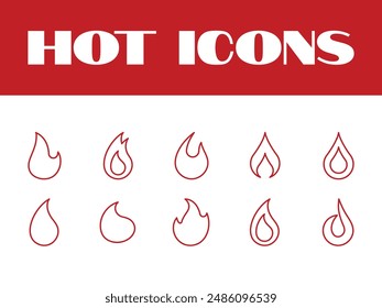 Symbole für die Hot-Fire-Linie festgelegt. Feuer-Symbole Vektorgrafik. Feuer-Flammen-Symbol-Illustrationen. Feuer-Flammen