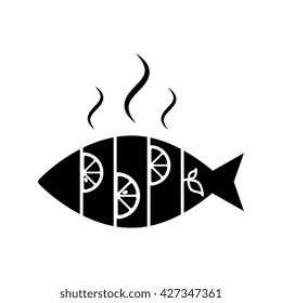 Hot Fish with lemon grill icon, sign or logo. 
