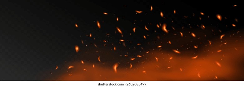 Hot flame with flying sparks, ash, embers on a black background. Vector illustration for your creative design. Eps 10