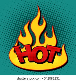 Hot flame silhouette comic text pop art retro style